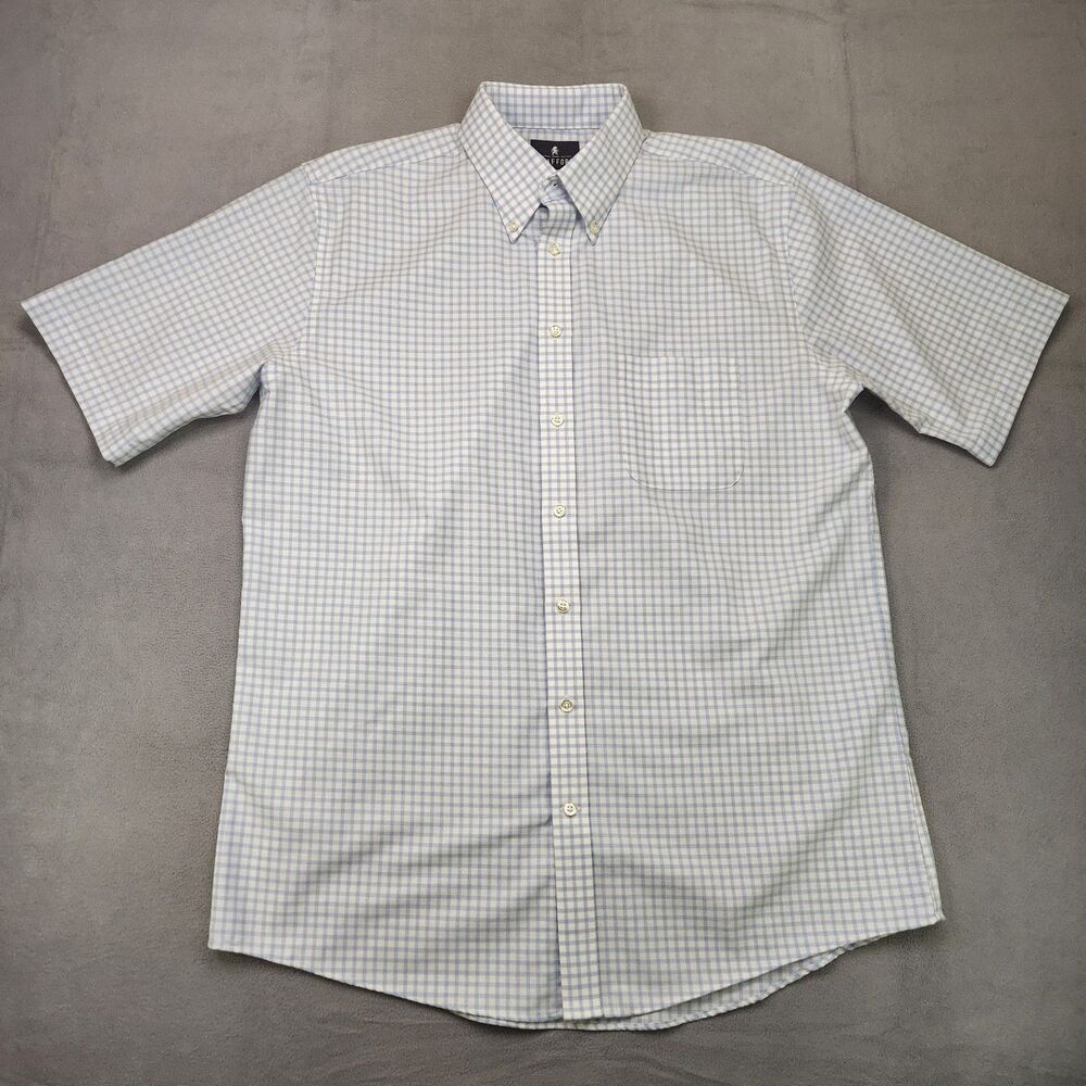 Stafford Short Sleeve Wrinkle Free Oxford Shirt‎ Men's 16.5 White Blue Gingham